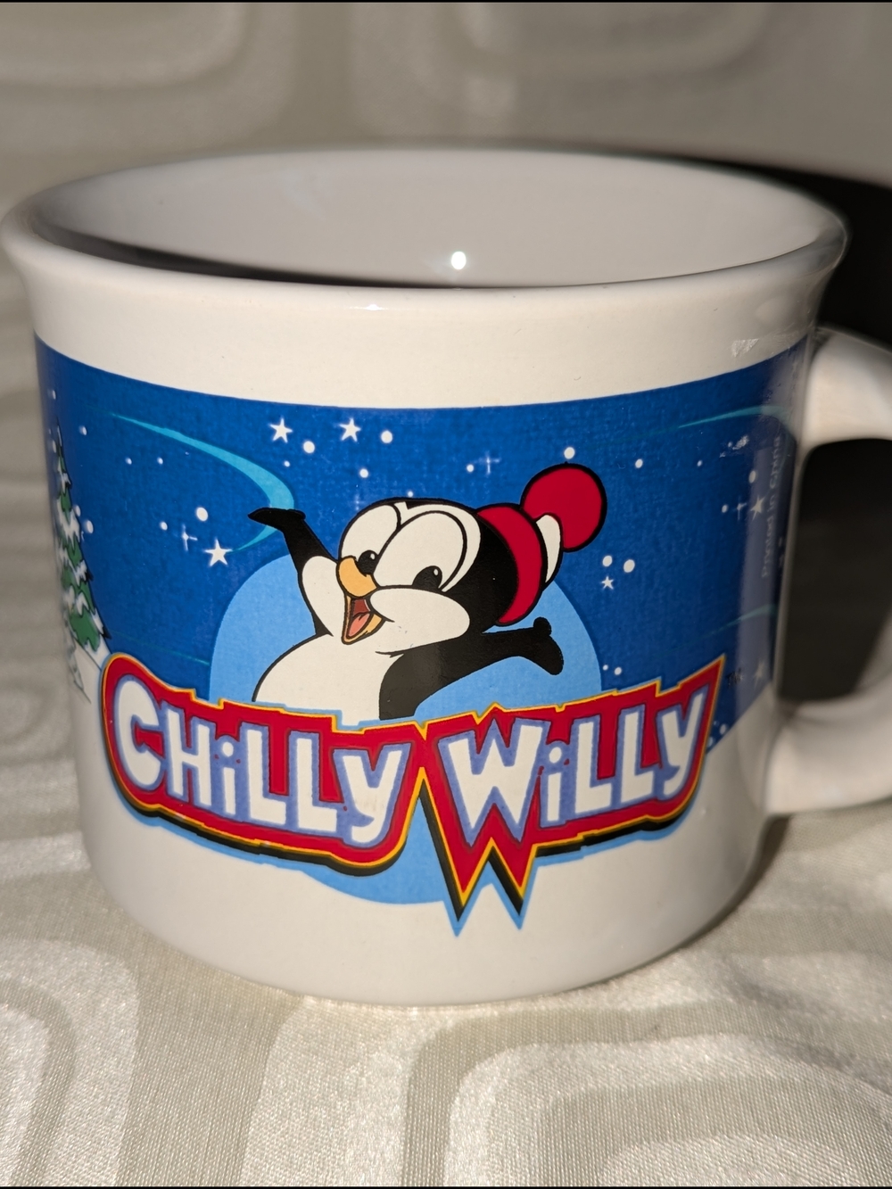 Ceramic Coffee Mug - White with Blue Penguin Graphic